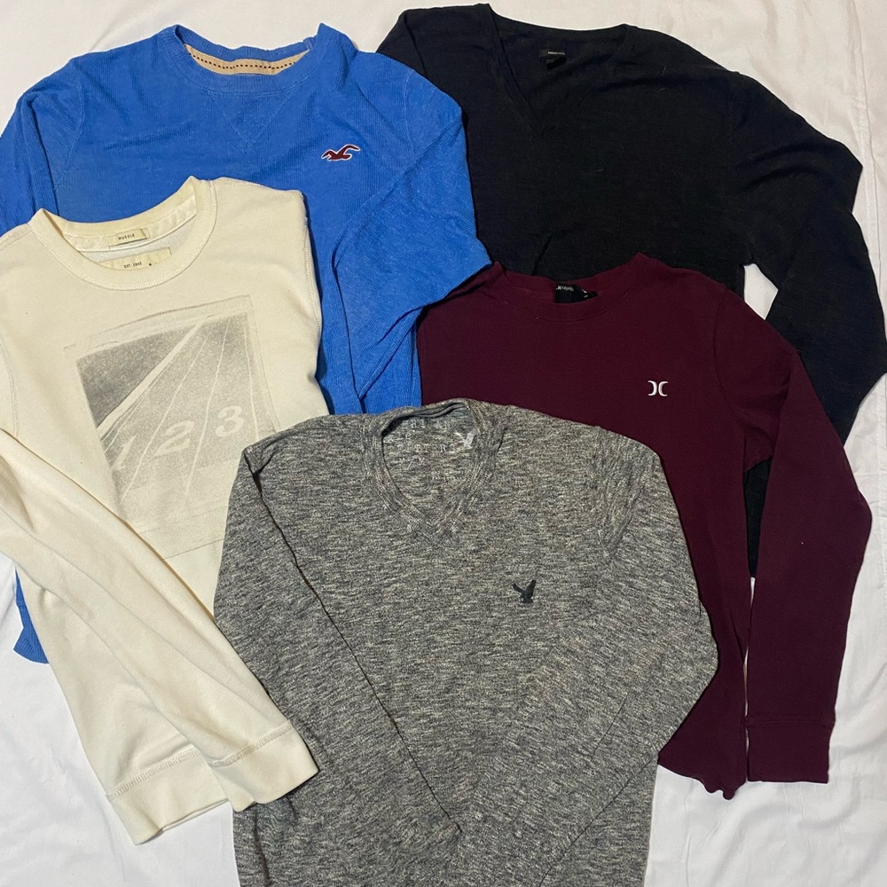 Lot of 5 Men’s S/M lightweight sweaters, Am Eagle, Hollister, Hurley, Abercrombi